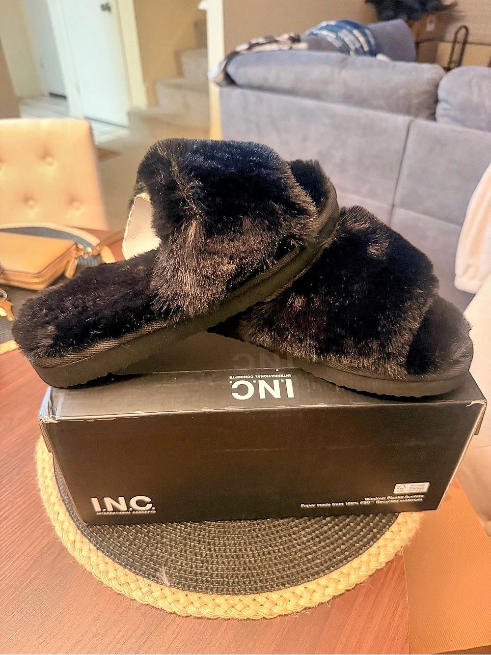 INC Black Faux Fur Slippers Like New